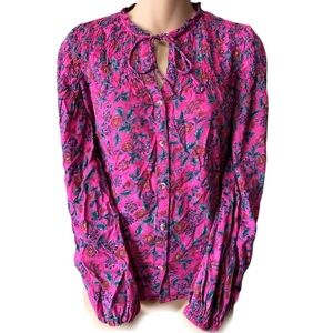 Anthropologie Maeve Smocked Long Sleeve Peasant Vibrant Pink& Blue Floral Blouse
